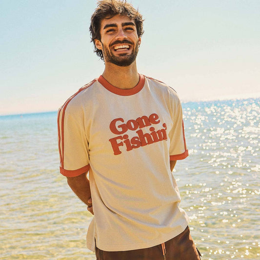 Gone Fishin Boxy Ringer Tee in Off White