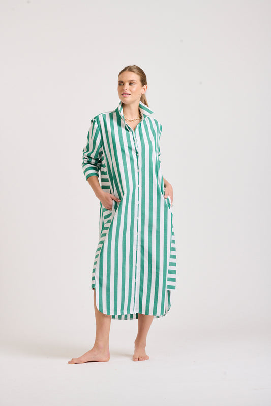 The Andrea Shirtdress - Green Wide Stripe