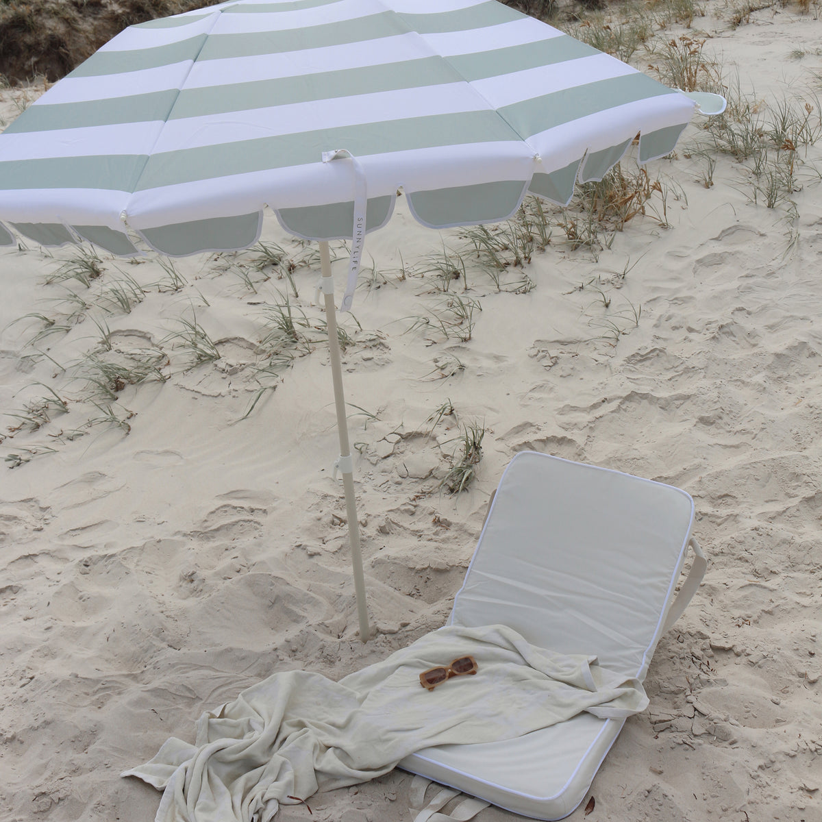 Compact Beach Umbrella Sea Sage Stripe