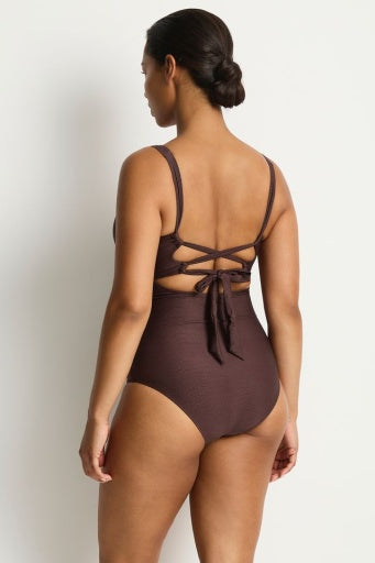 zen cross front tie back one piece cocoa