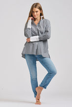 Load image into Gallery viewer, The Lady Banker Relaxed Girlfriend Shirt - Midnight Wide Stripe