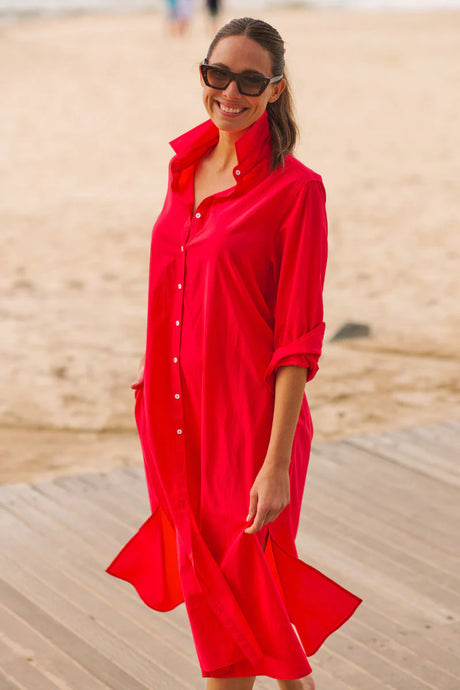 The Luna Long Shirt Dress - Chilli Red