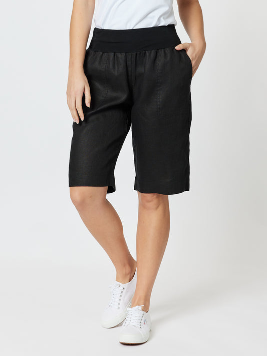 Ribbed Waist Linen Short - Black