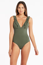 Load image into Gallery viewer, Frill One Piece in Khaki by Sea Level Swim Australia. Yamba Swimwear Store. One Country Mouse Yamba
