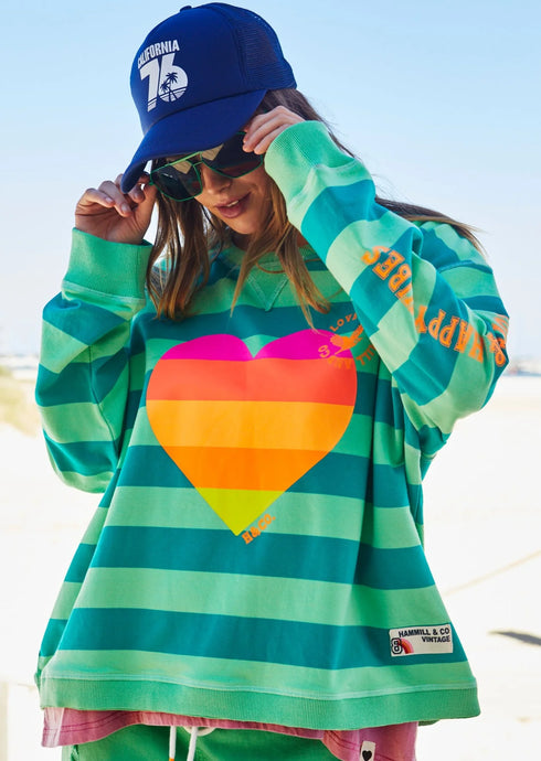 Green Stripe Summer Heart Sweat