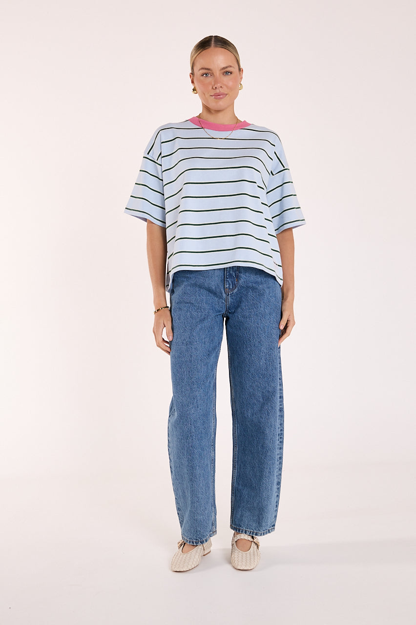 Carter Boxy Tee - Blue Green Stripe