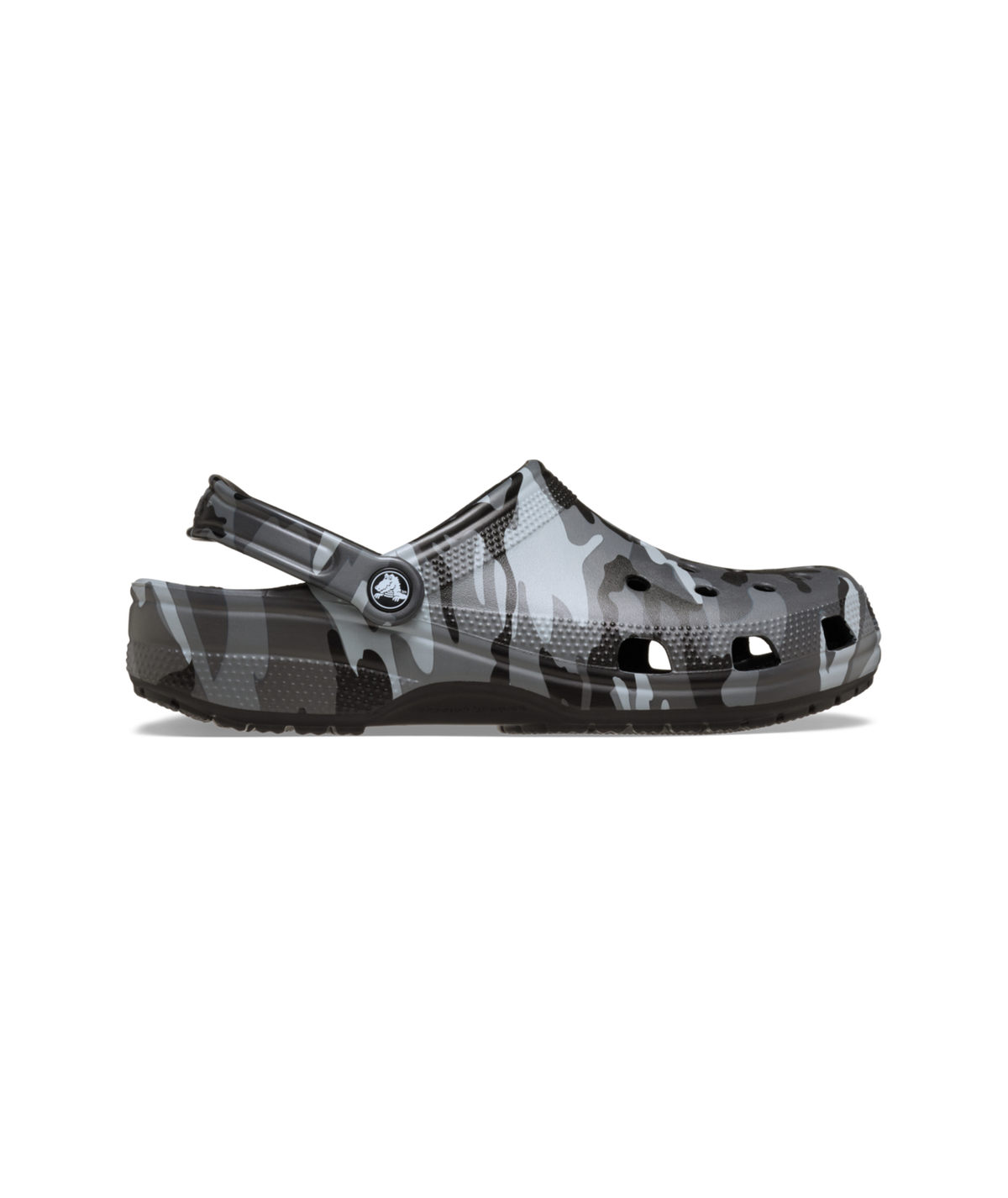 A single Croc-style clog shoe in a gray and black camouflage pattern, shown in a side profile against a plain white background.