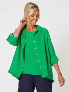 Ruffle Hem Linen Shirt - Emerald
