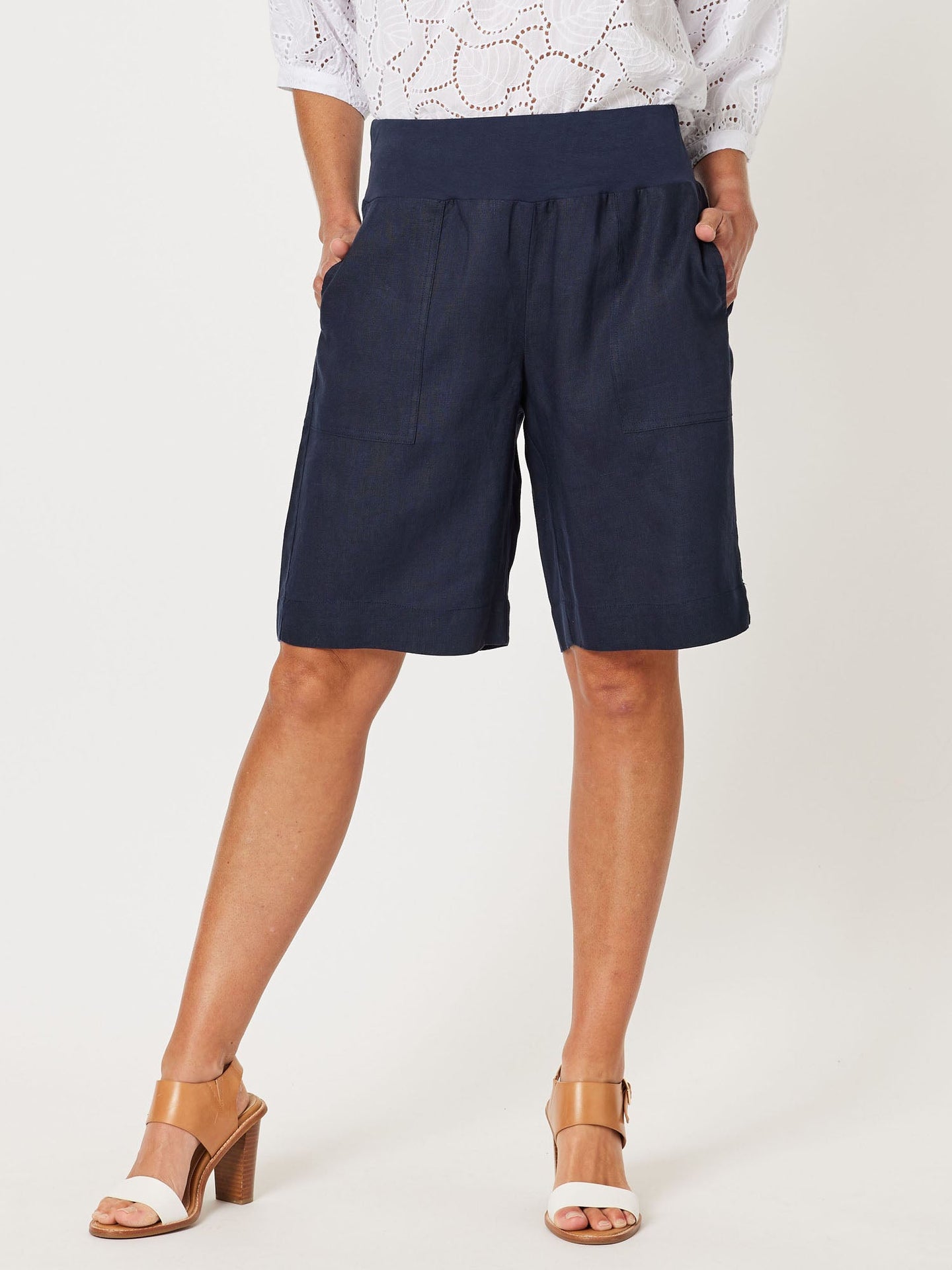 Jersey Waist Linen Short - Navy