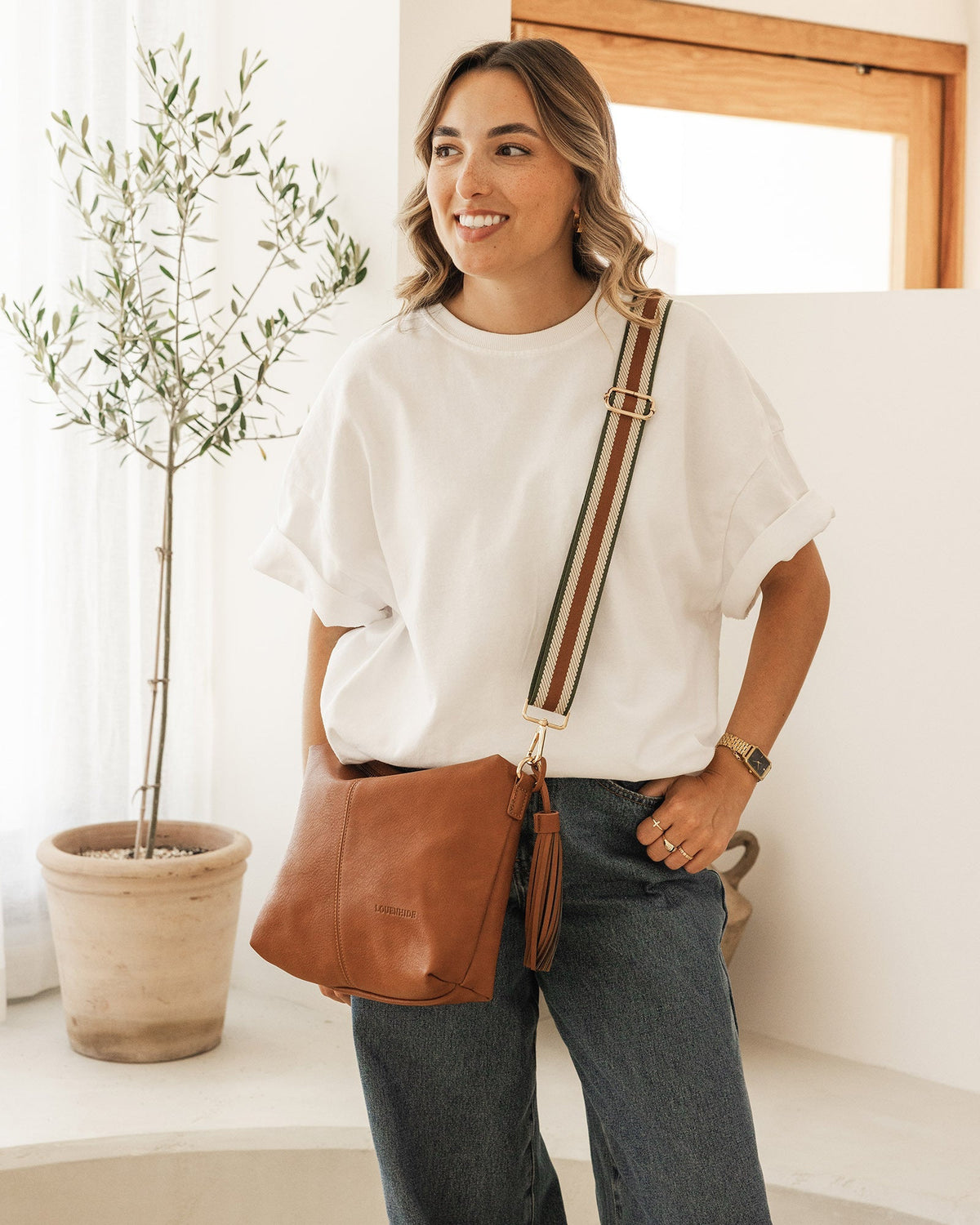Daisy Tan Stripe Crossbody Bag