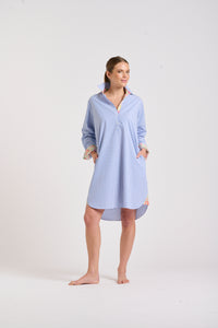 The Popover Shirtdress - Mid Blue Stripe/Floral Trim