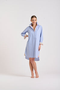 The Popover Shirtdress - Mid Blue Stripe/Floral Trim
