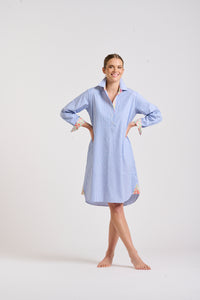 The Popover Shirtdress - Mid Blue Stripe/Floral Trim