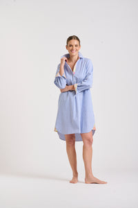 The Popover Shirtdress - Mid Blue Stripe/Floral Trim