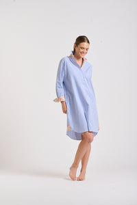 The Popover Shirtdress - Mid Blue Stripe/Floral Trim