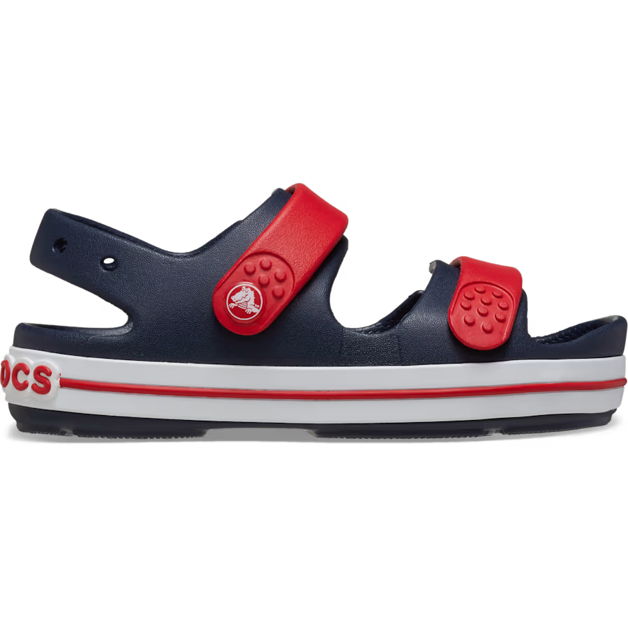 Navy and red sandal with a visible brand logo on a white background