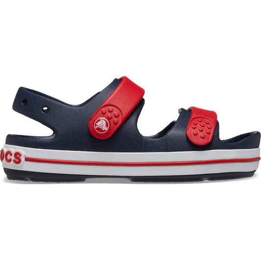 Navy and red sandal with a visible brand logo on a white background