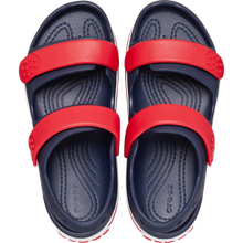 Load image into Gallery viewer, Navy and red Crocs sandals on a white background