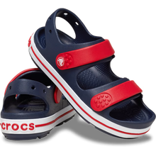 Load image into Gallery viewer, Navy and red Crocs sandals on a white background