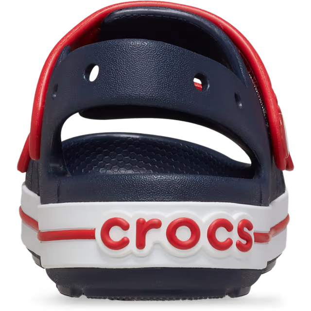 Navy and red Crocs sandal on a white background