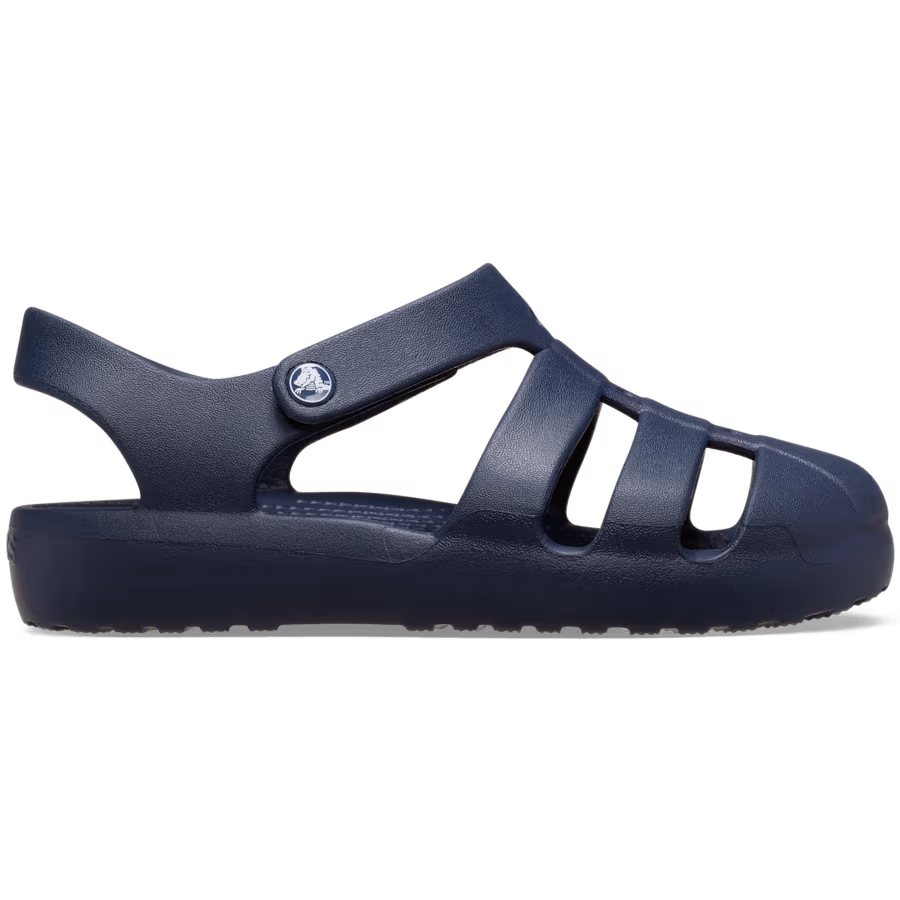 Navy sandal with a strap on a white background