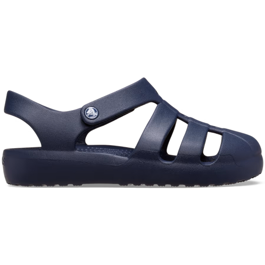 Navy sandal with a strap on a white background