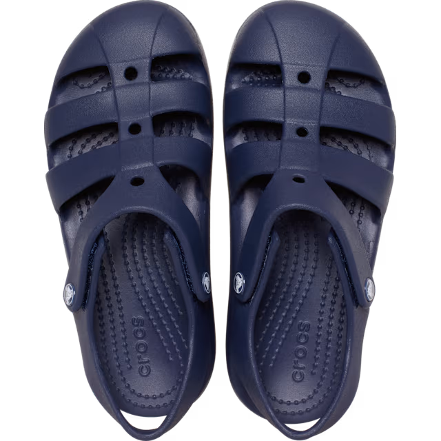 Pair of navy blue Crocs sandals on a white background