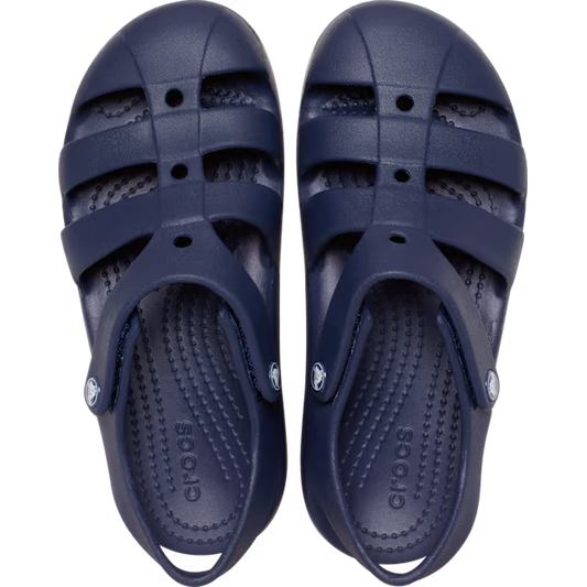 Pair of navy blue Crocs sandals on a white background