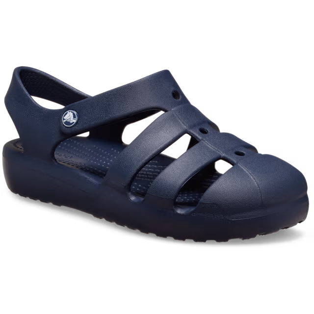 Navy sandal with multiple straps on a white background