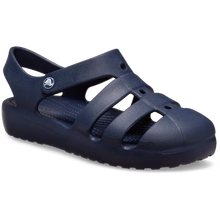 Load image into Gallery viewer, Navy sandal with multiple straps on a white background