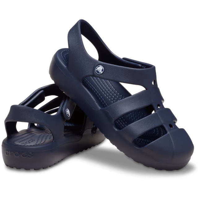 Navy blue sandals with a Crocs logo on a white background