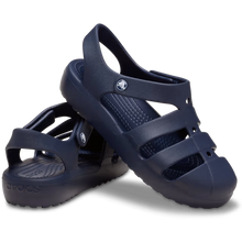 Load image into Gallery viewer, Navy blue sandals with a Crocs logo on a white background