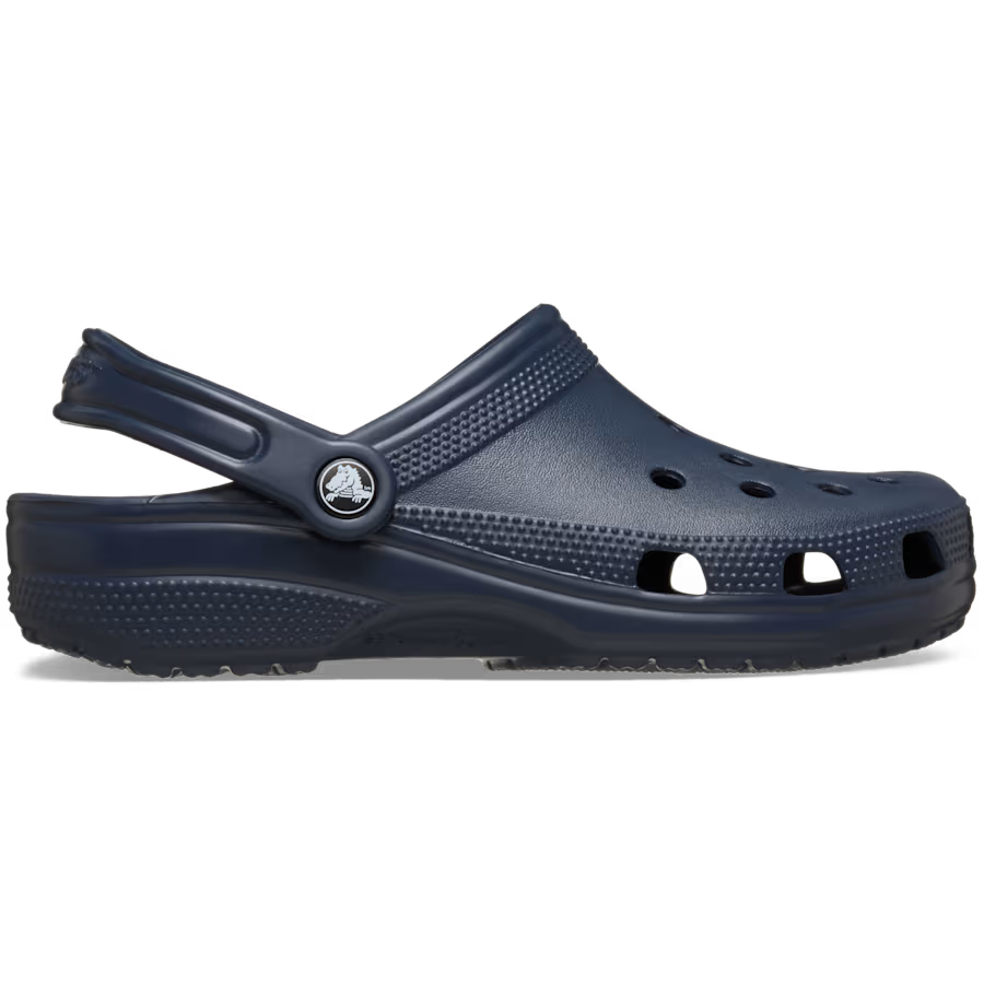 Navy blue clog shoe on a white background