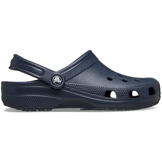 Navy blue clog shoe on a white background