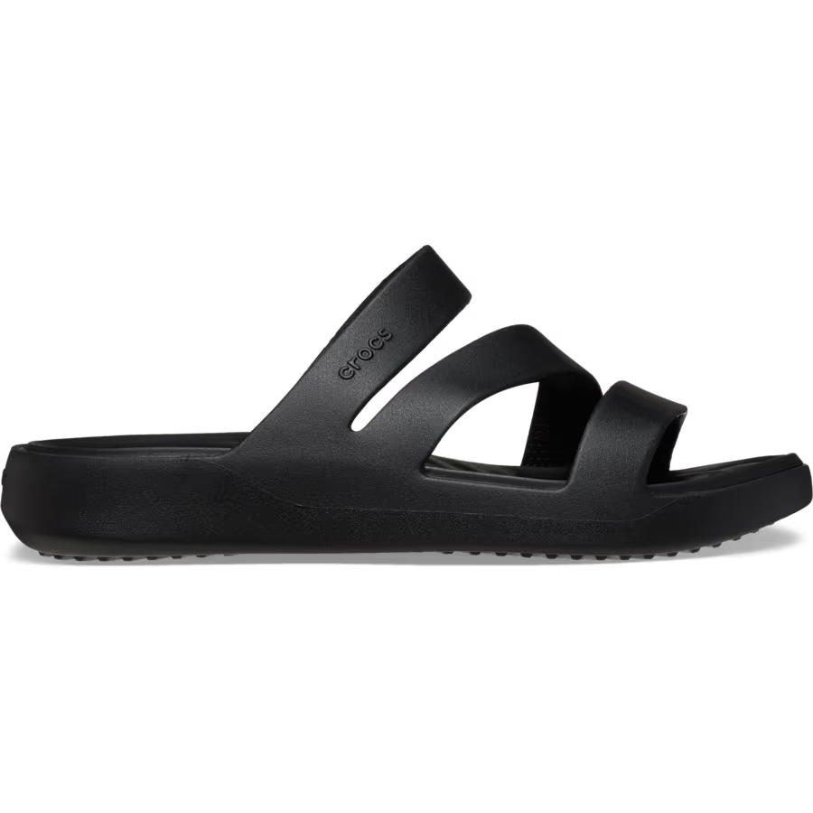 Black sandal with 'Crocs' branding on a white background