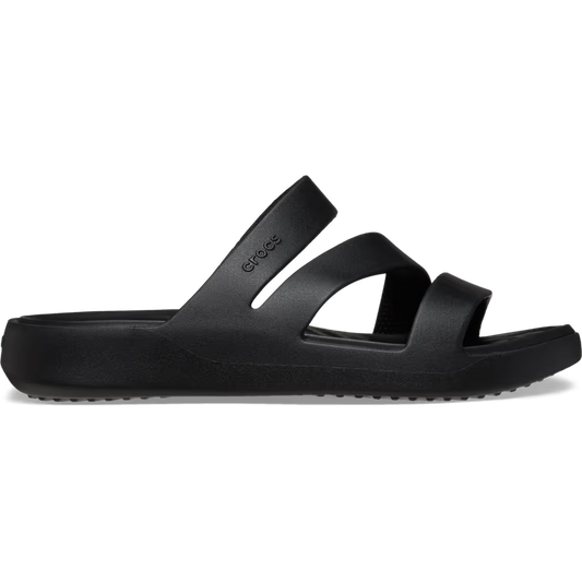 Black sandal with 'Crocs' branding on a white background