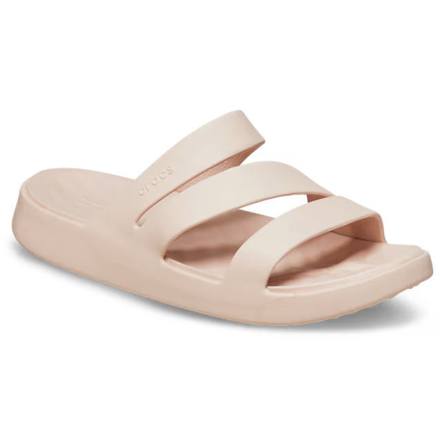 Beige sandal with 'Crocs' branding on a white background
