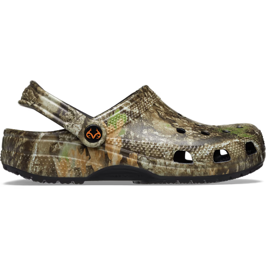 Camouflage-patterned clog shoe on a white background