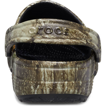 Load image into Gallery viewer, Camouflage-patterned clog shoe with 'Crocs' branding on a white background