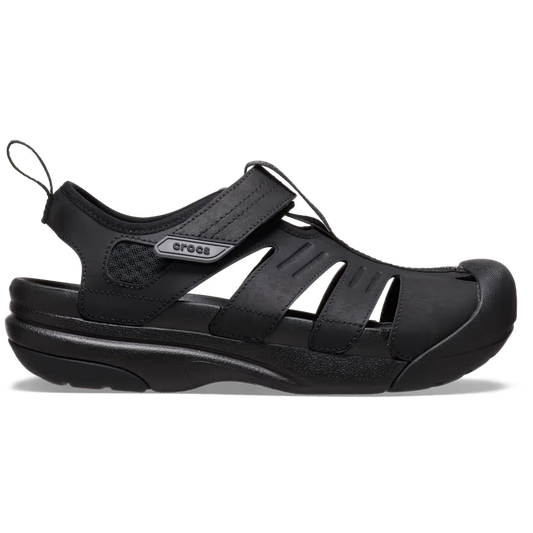 Black sandal with 'Crocs' branding on a white background