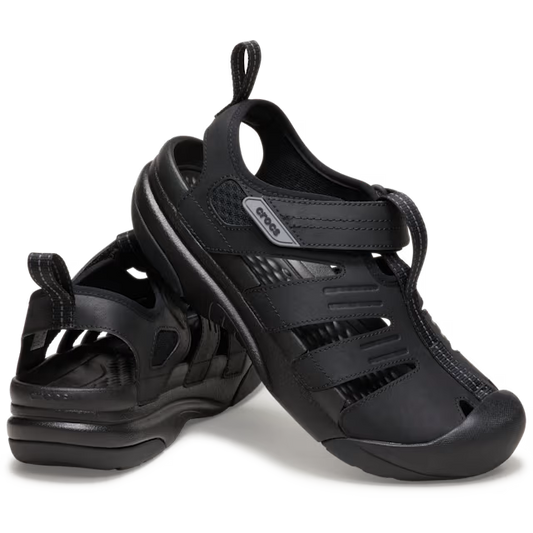 Black sandals with a brand logo on a white background