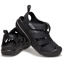 Load image into Gallery viewer, Black sandals with a brand logo on a white background