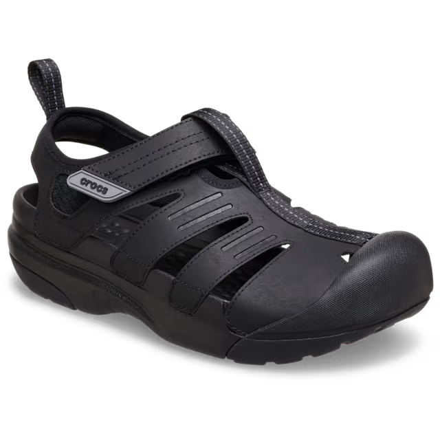 Black sandal with a visible brand logo on a white background