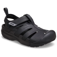 Load image into Gallery viewer, Black sandal with a visible brand logo on a white background