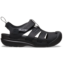 Load image into Gallery viewer, Black sandal with 'Crocs' branding on a white background