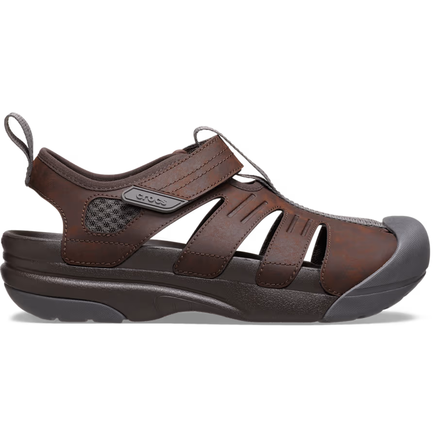 Brown sandal with gray sole on a white background