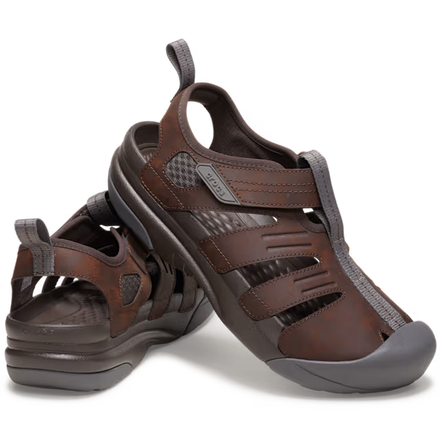Brown sandals with gray accents on a white background