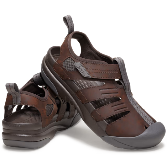 Brown sandals with gray accents on a white background
