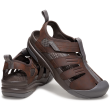 Load image into Gallery viewer, Brown sandals with gray accents on a white background