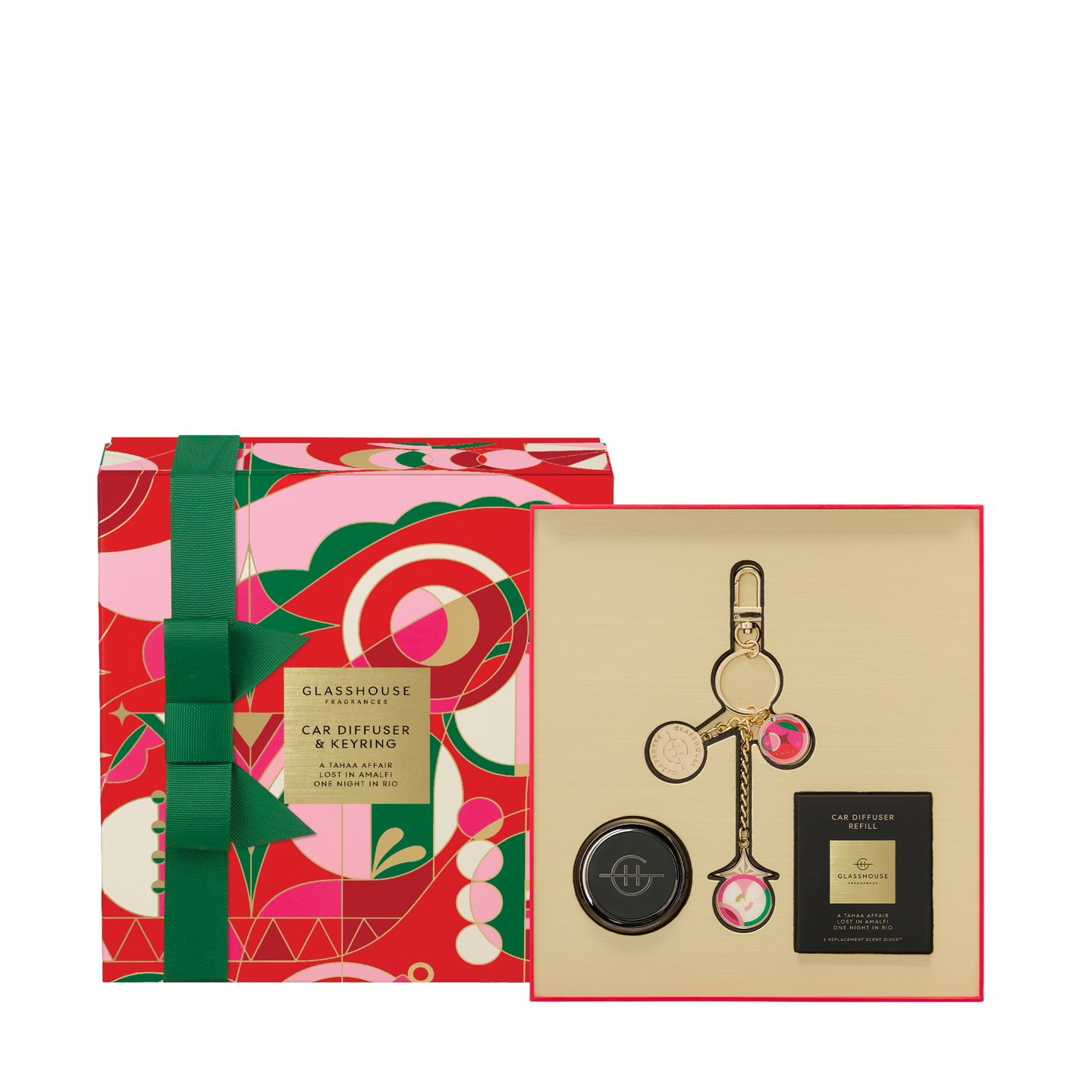 Black Car Diffuser with 3 Replacement Scent Disk and Key Ring - Christmas - A Tahaa Affair, Lost in Amalfi, One Night in Rio